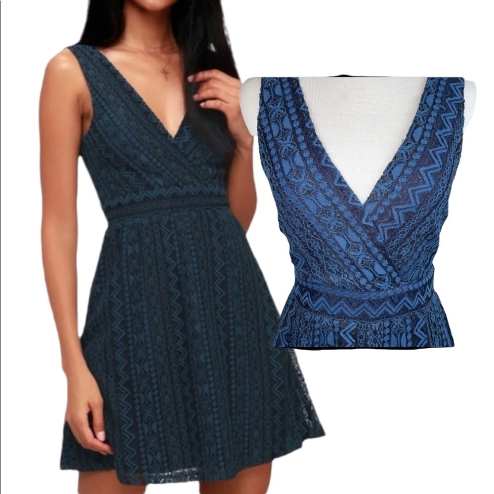 Lulu’s You Complete Me Navy Blue Lace Skater Dress XS